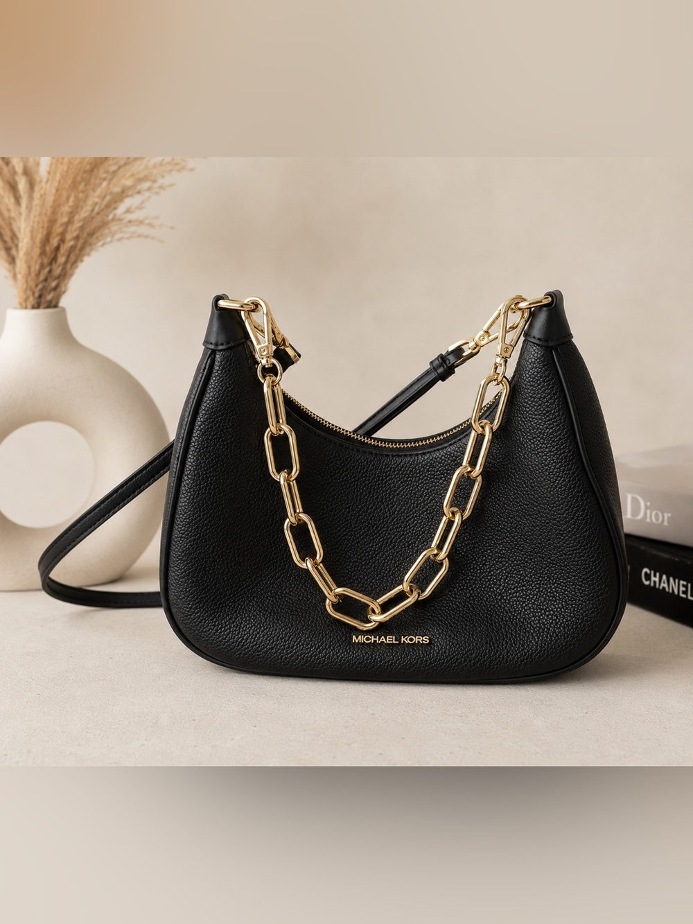 Michael Kors Large Black Pebbled Leather Shoulder Bag with Gold Chain Accent